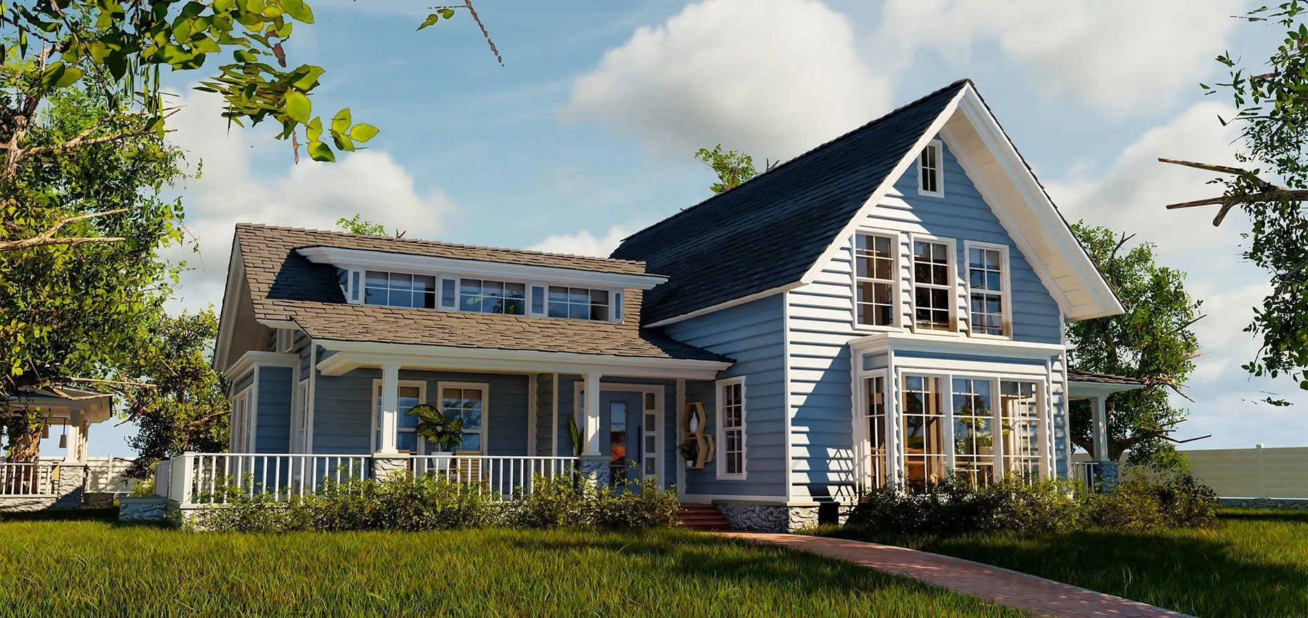 Blue craftsman-style house with white trim, dormer windows, and a covered porch