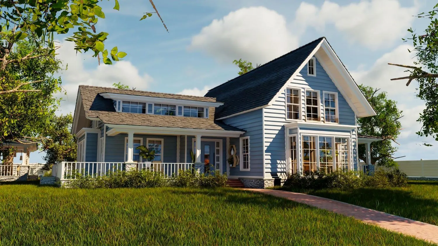 Blue craftsman-style house with a covered front porch and brick walkway