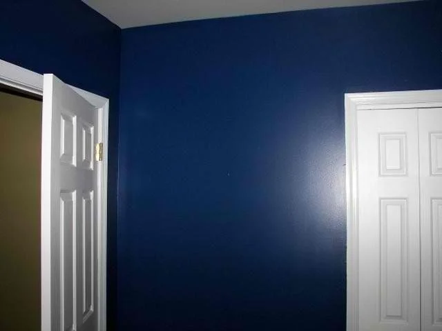 Bedroom with a deep navy blue painted wall and white six-panel doors