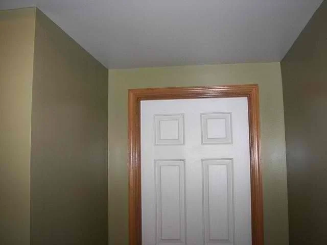 Hallway with olive green painted walls leading to a white door